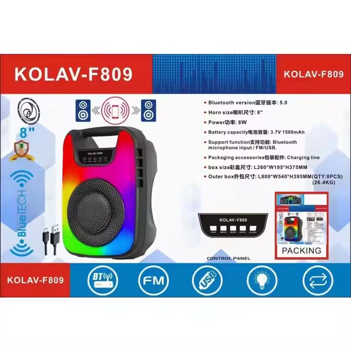 Boxă Portabilă KOLAV K-F809 cu Bluetooth, USB, FM, TWS, LED și Baterie 1800mAh – Sunet Puternic pentru Karaoke și Petreceri